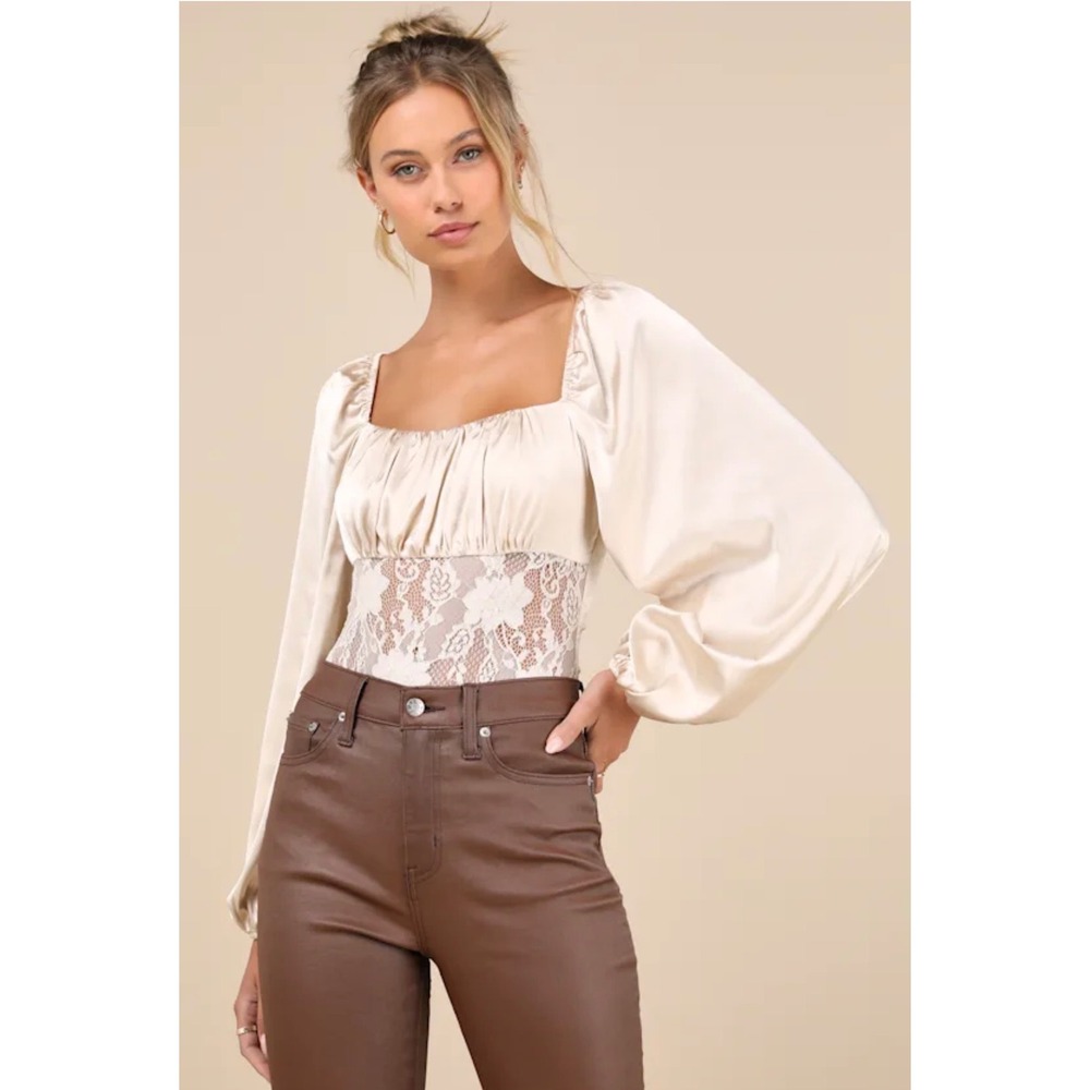 Lulus Romantic Satin Lace Bodysuit Long Sleeve Champagne Size L